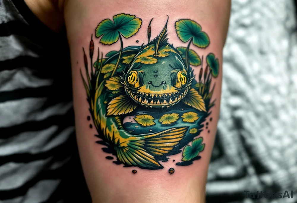 Swamp Guardian Catfish – A dark mossy green and mud-brown catfish resting beneath lily pads and cattails, evoking deep Southern waters. tattoo idea
