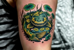 Swamp Guardian Catfish – A dark mossy green and mud-brown catfish resting beneath lily pads and cattails, evoking deep Southern waters. tattoo idea