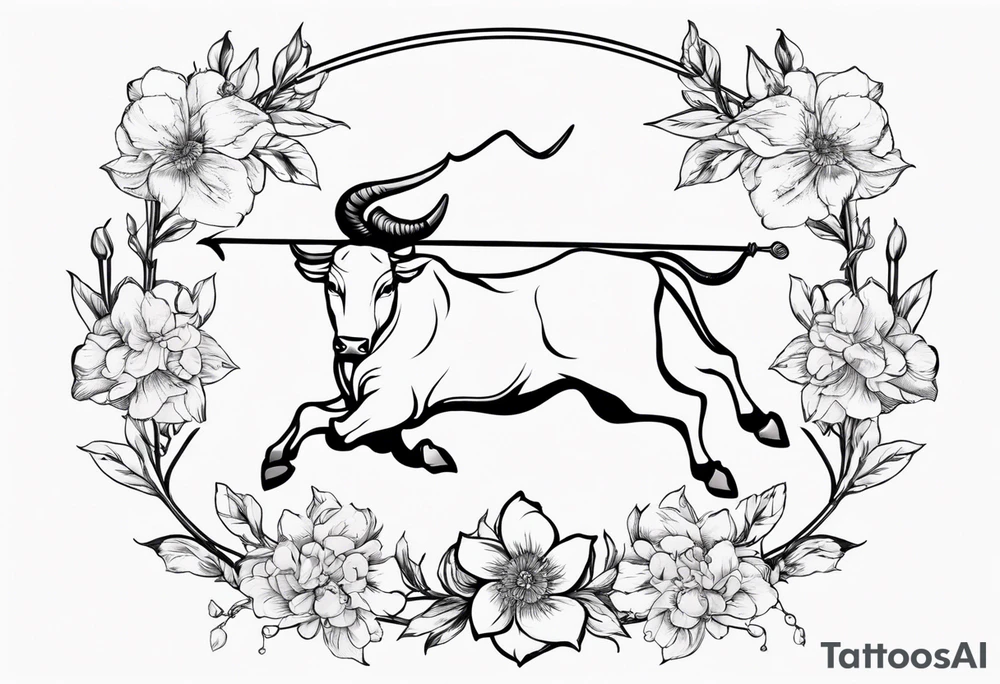 Saggitarius zodiac symbol (the archer) intertwined with the Taurus zodiac symbol (the bull) with delicate flowers tattoo idea