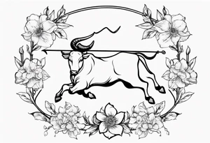 Saggitarius zodiac symbol (the archer) intertwined with the Taurus zodiac symbol (the bull) with delicate flowers tattoo idea