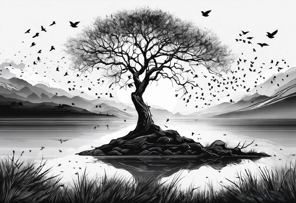 Leafless tree with a mix of birds and black birds flying by it. Make it skinnier with no leaves and just branches. Make the branches not go out as far tattoo idea