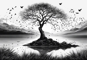 Leafless tree with a mix of birds and black birds flying by it. Make it skinnier with no leaves and just branches. Make the branches not go out as far tattoo idea