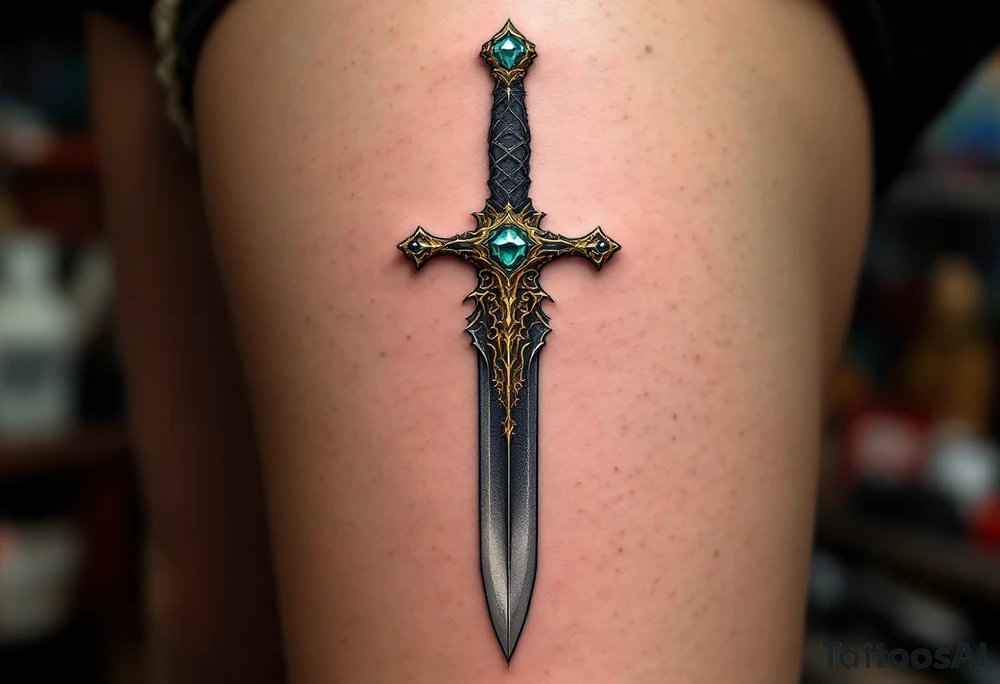 Vintage Ornate Dagger – A detailed dagger with intricate patterns along the blade and hilt, featuring golden accents and a deep emerald green gem in the pommel. The blade is shaded in dark steel gray with subtle silver highlights tattoo idea
