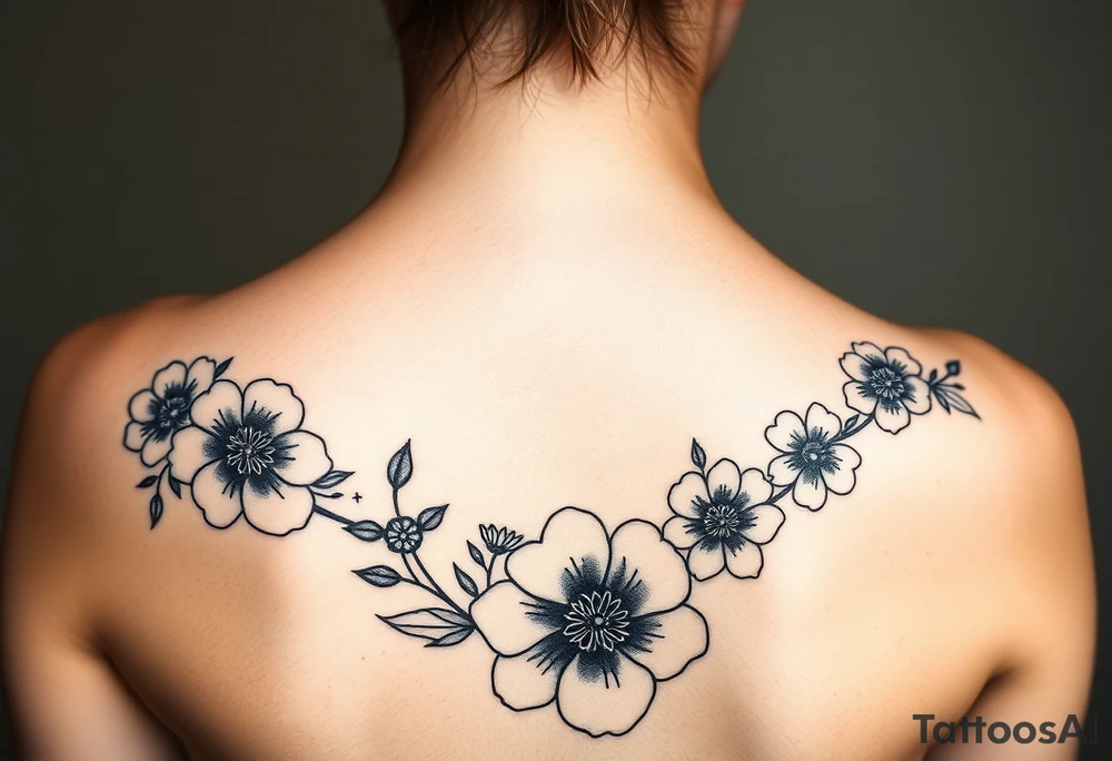 Night sky with constellation, stars & moon seen from a frame of flowers tattoo idea