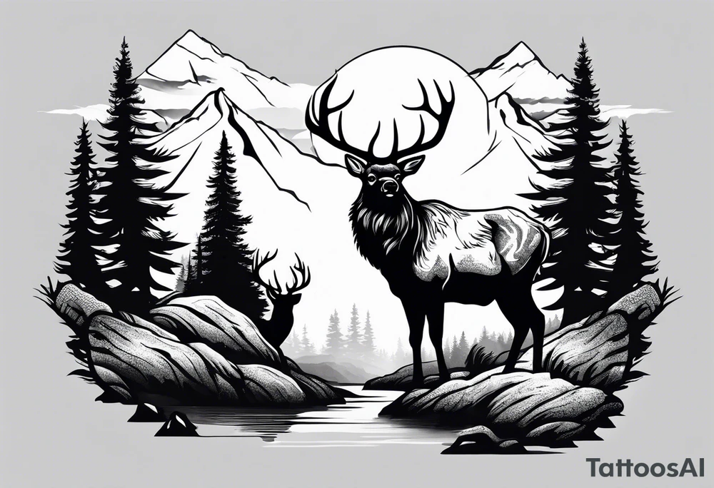 pine tree moutain elk sleeve tattoo idea
