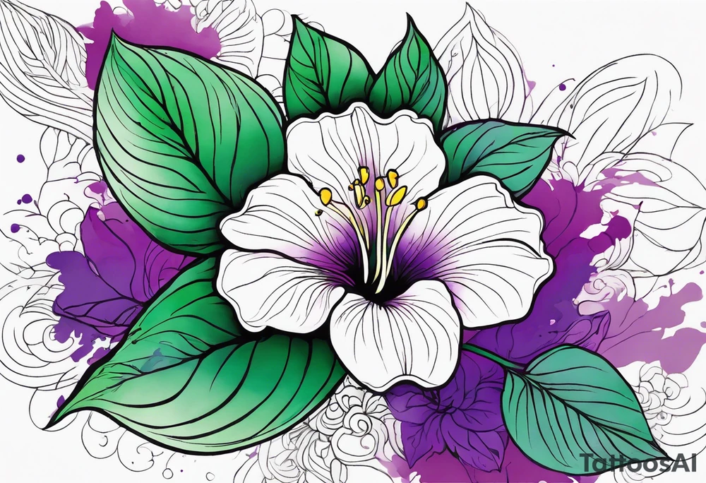 An outline of a rio dipladenia flower with a green and purple watercolor splash in the background tattoo idea