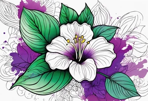 An outline of a rio dipladenia flower with a green and purple watercolor splash in the background tattoo idea