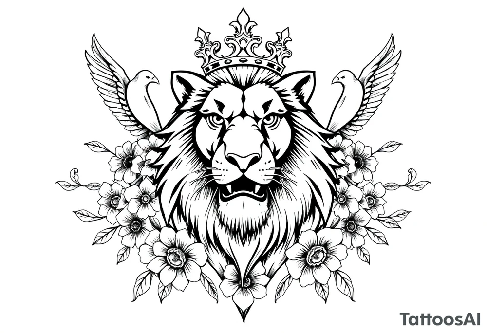 powerful majestic lion with a crown, surrounded by floral ornaments and birds tattoo idea