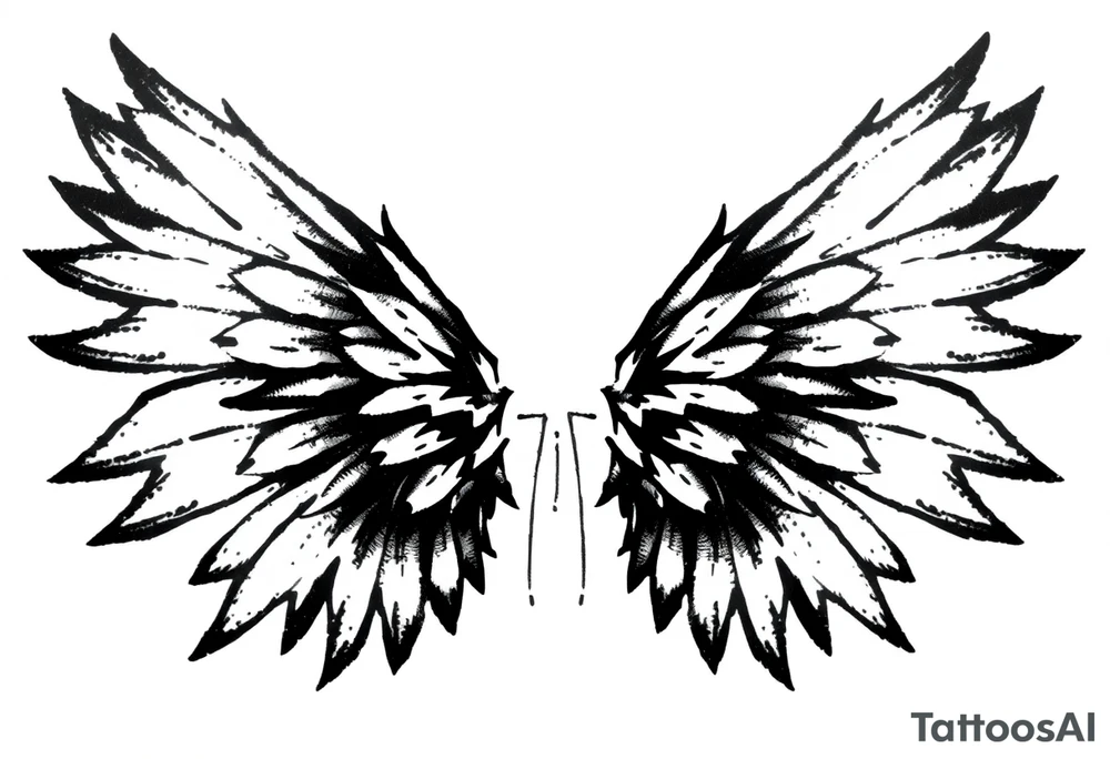 This tattoo design features a pair of stylized wings drawn in black ink with a sketch-like, abstract aesthetic. The wings are composed of sharp, angular feathers with jagged edges, giving them a rough, almost tribal or gothic appearance. The shading is done with a mix of soft gradients and stippling, adding depth and texture to the design. The center where the wings meet is fragmented, with thin lines extending downward, creating a sense of movement and raw energy. This design would make for a bold and edgy tattoo, symbolizing freedom, strength, or a rebellious spirit. tattoo idea