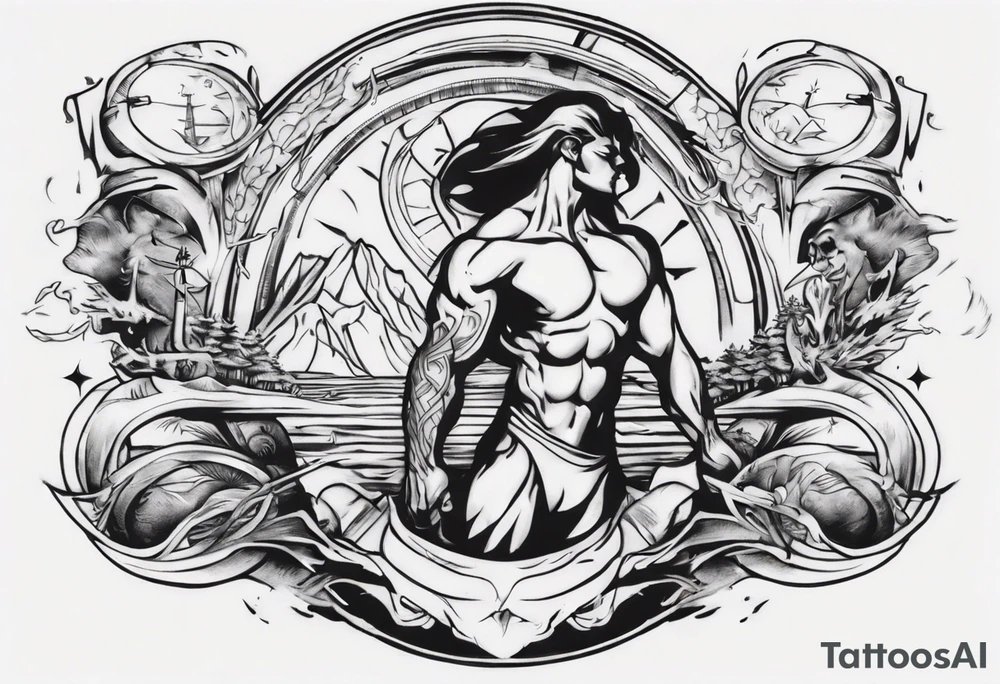 Inner bicep, stretched horizontally, visual representation of the journey of life tattoo idea