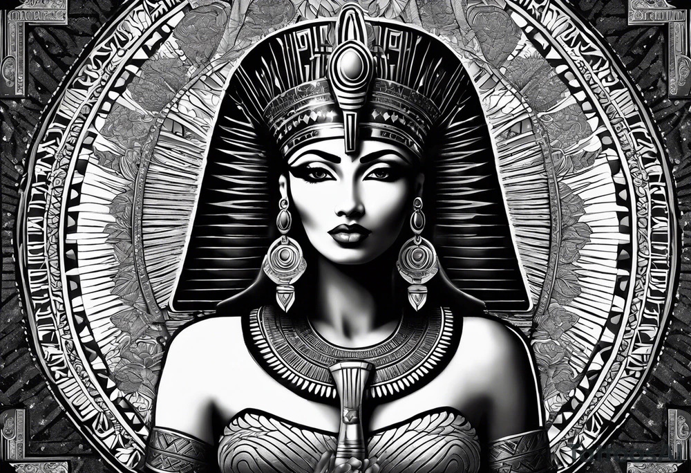 blank and white Egyptian goddess Isis, who is often depicted as a woman with outstretched wings, holding an ankh (a symbol of life) in one hand and a lotus flower in the other. Her headdress often includes a throne or a solar disk. The tattoo design can vary in style and size, but it typically aims to capture the essence of this revered Egyptian deity, emphasizing her beauty, power, and maternal qualities. The choice of colors and additional elements can also be customized to create a unique and visually striking representation of the goddess Isis tattoo idea