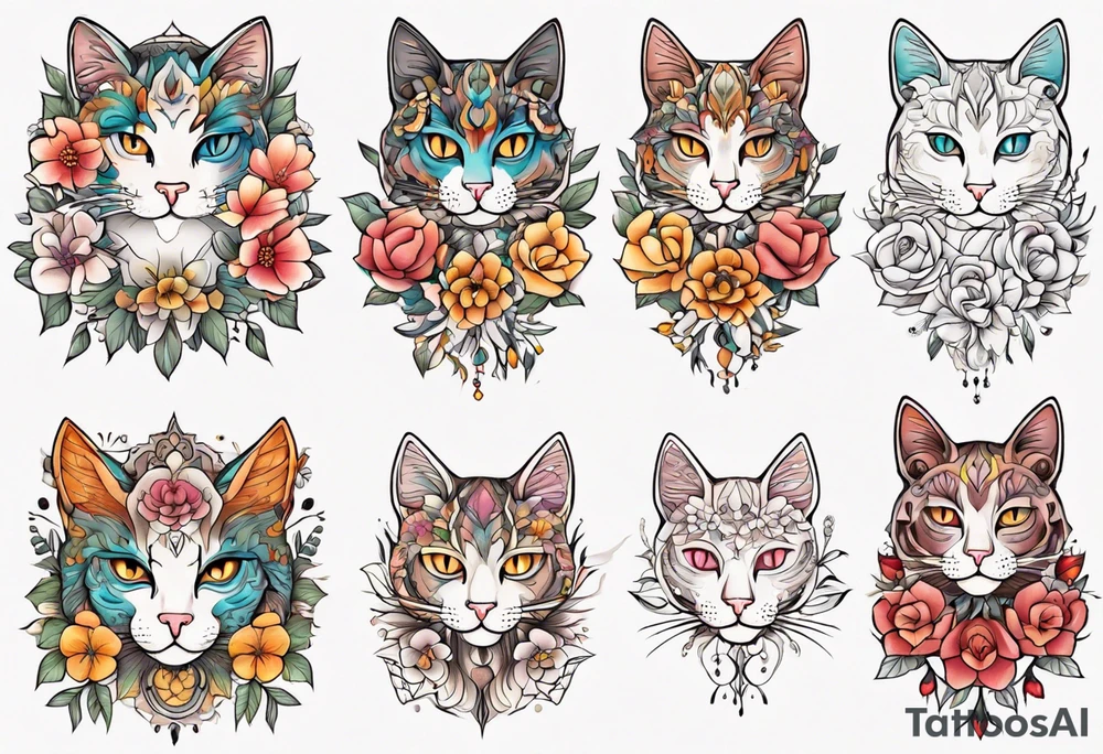 Cat colored flowers Mandala tattoo idea