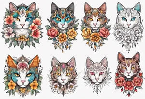 Cat colored flowers Mandala tattoo idea