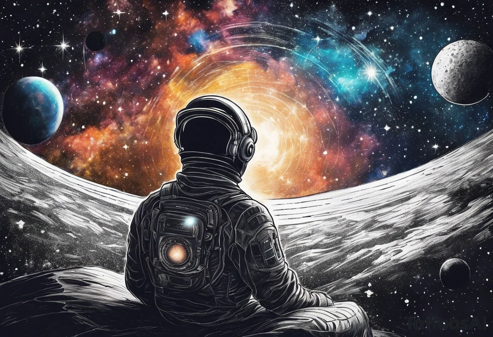 faceless human meditating in space among the stars and blackholes tattoo idea