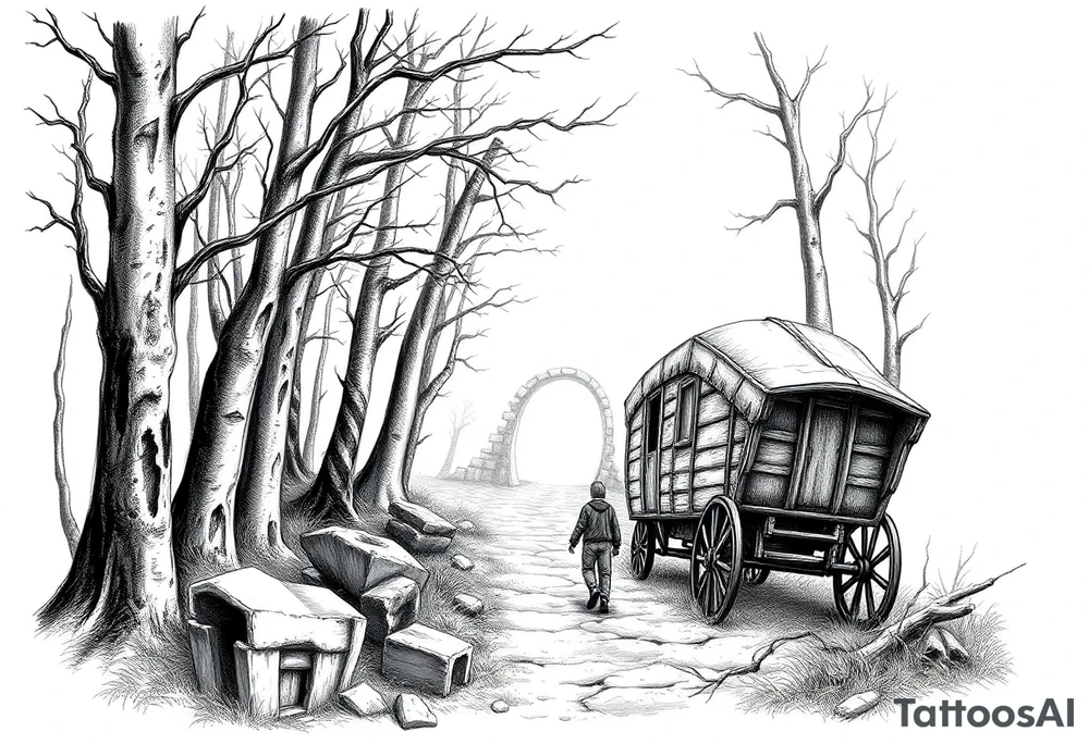 A boy walking up a forest path, DnD inspired, broken down carriage, tavern, glowing tunnel tattoo idea