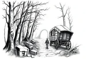 A boy walking up a forest path, DnD inspired, broken down carriage, tavern, glowing tunnel tattoo idea