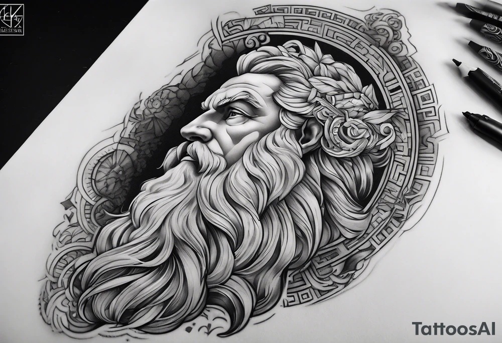 Full right arm tattoo sleeve with the Greek god Zeus tattoo idea
