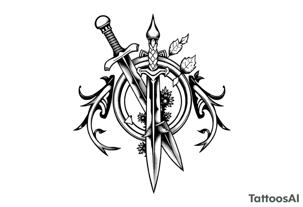 Armband tattoo combining a Celtic knot with a sword and nature tattoo idea