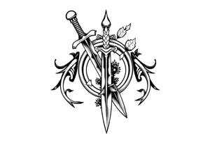 Armband tattoo combining a Celtic knot with a sword and nature tattoo idea