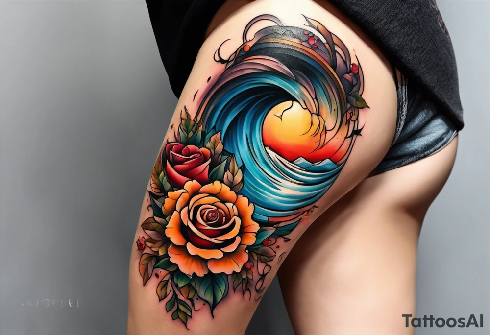 thigh tattoo with fall colors showing, flowers, roses, water flow, and sky tattoo idea