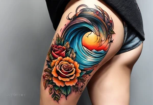 thigh tattoo with fall colors showing, flowers, roses, water flow, and sky tattoo idea