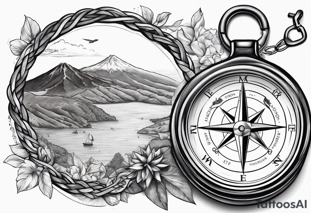 azores islands map, compass, mountain, carabiner & knot, tuna tattoo idea