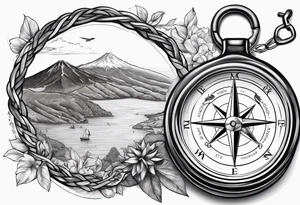 azores islands map, compass, mountain, carabiner & knot, tuna tattoo idea