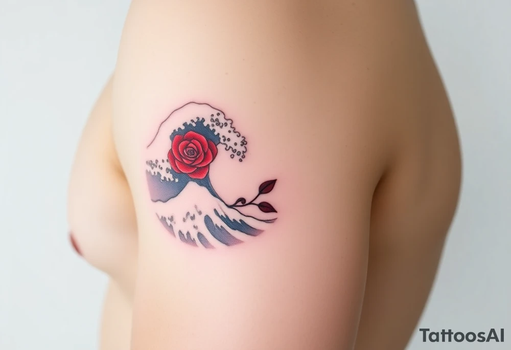 The Great Wave off Kanagawa With a red rose in the curve of the wave tattoo idea