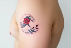 The Great Wave off Kanagawa With a red rose in the curve of the wave tattoo idea