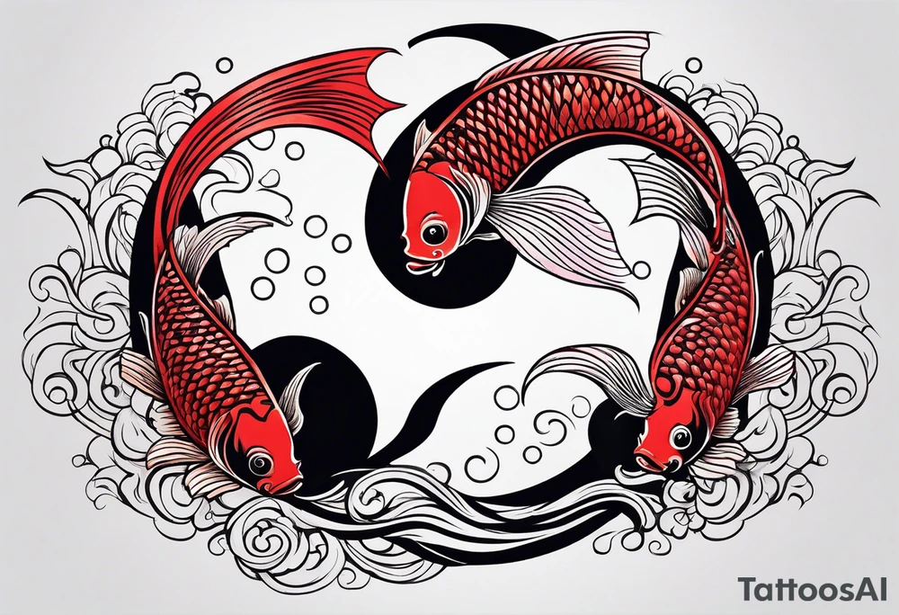 yin and yang coi fish red and black with waves and lotus flowers tattoo idea