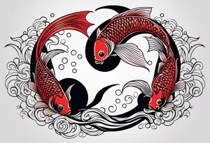 yin and yang coi fish red and black with waves and lotus flowers tattoo idea