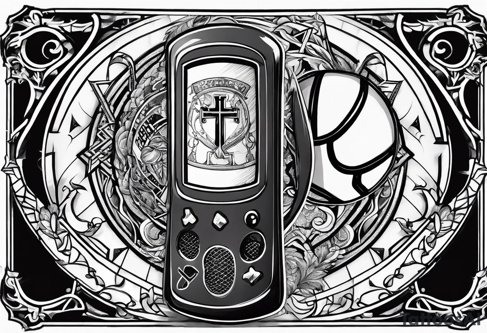 A forearm tattoo that includes a basketball hoop and a cross and a video game controller tattoo idea