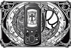 A forearm tattoo that includes a basketball hoop and a cross and a video game controller tattoo idea