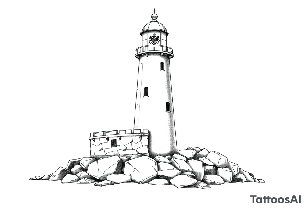 a whole lighthouse with a coat of arms incorporated into the roof without stones on the ground tattoo idea