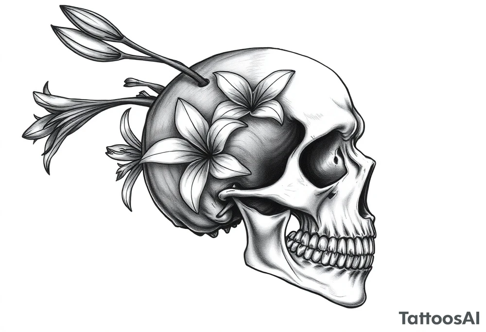 Lillies coming out of back of humanoid skull tattoo idea