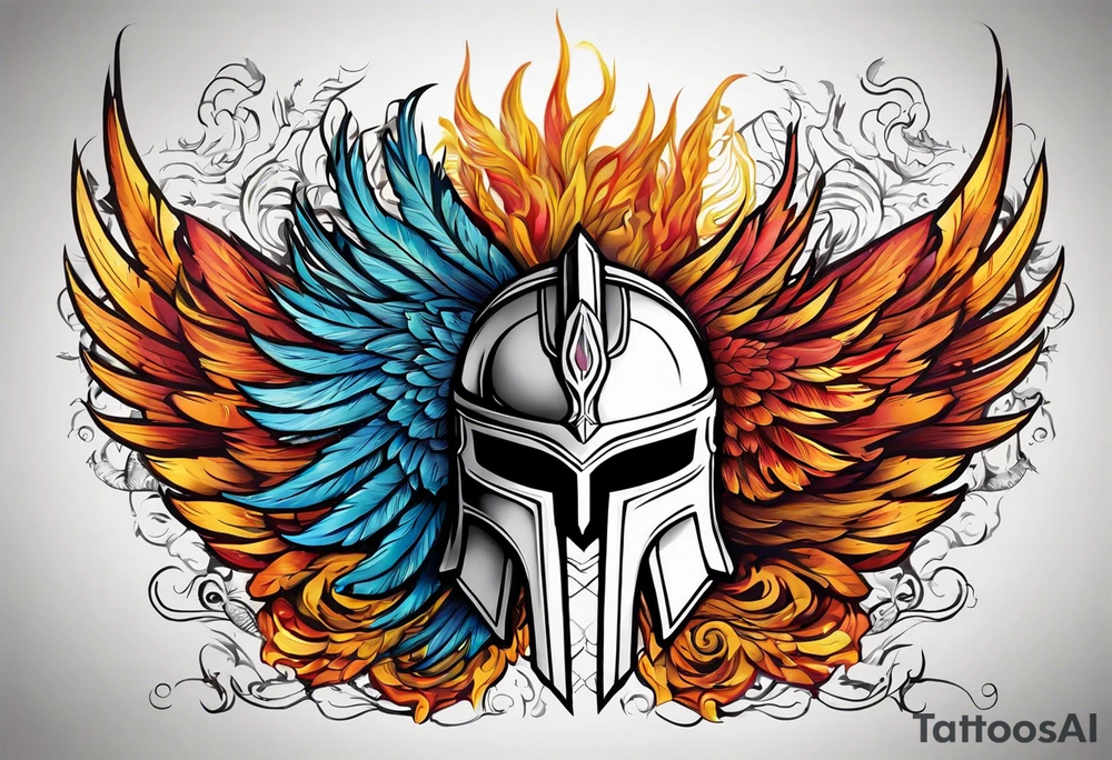 A Spartan Helmet with a phoenix encompassing it. The head of the phoenix would be above it and the wings would go around it and the tail would be below it tattoo idea