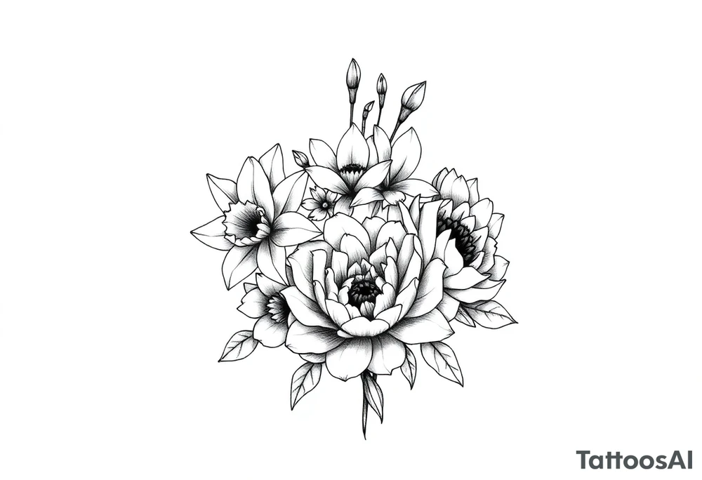small daffodils, jonquils, chrysanthemum and peony in a bouquet tattoo idea