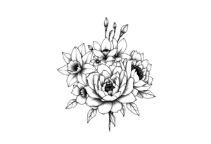small daffodils, jonquils, chrysanthemum and peony in a bouquet tattoo idea