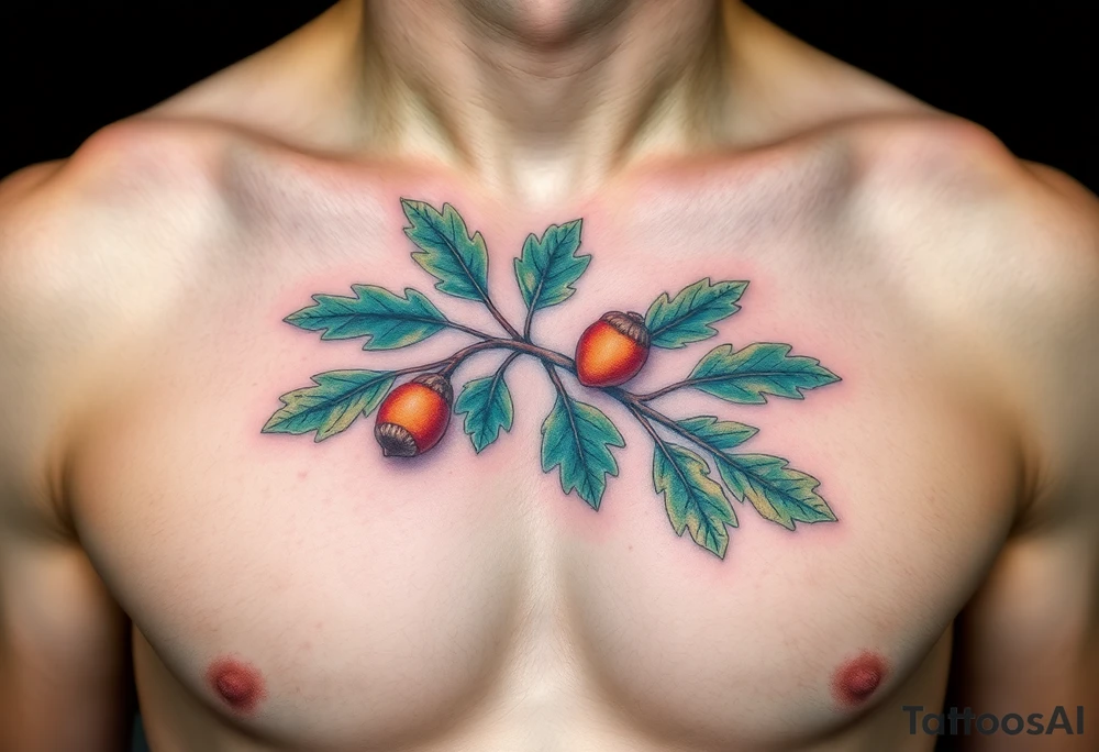 on the chest an oak branch with thick leaves and acorns oak branch with thick leaves and acorns tattoo idea