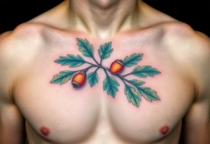 on the chest an oak branch with thick leaves and acorns oak branch with thick leaves and acorns tattoo idea