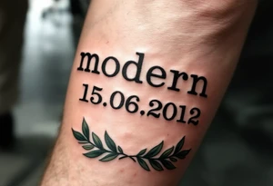 Modern 15.06.2012 in typewriter font encased in a dusty green laurel wreath. tattoo idea
