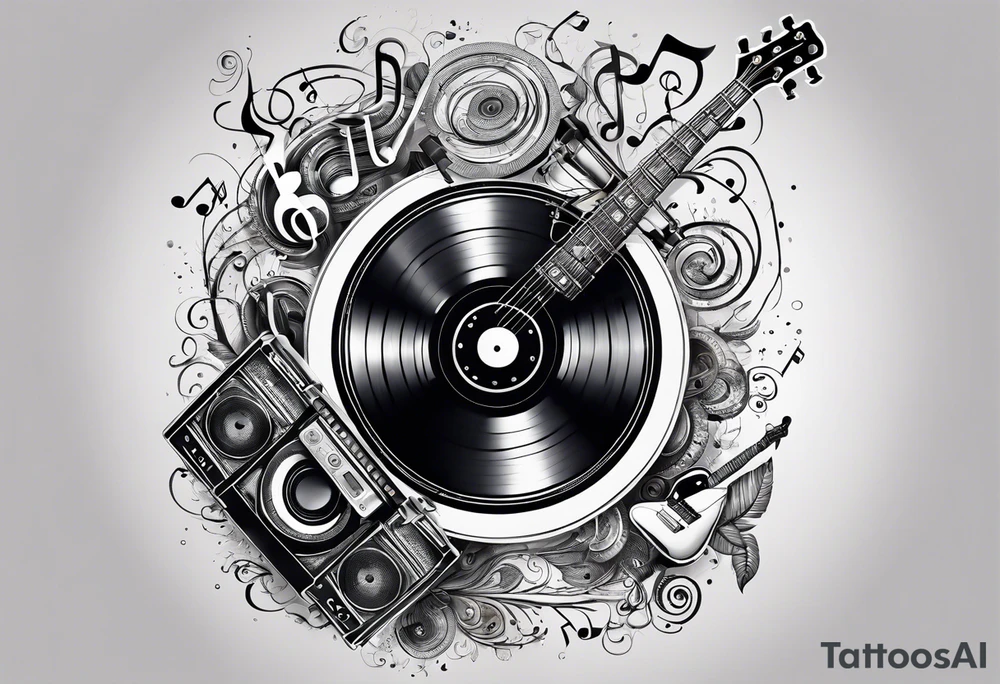 music notes surrounded by a record, a cassette tape, and saxophone parts tattoo idea