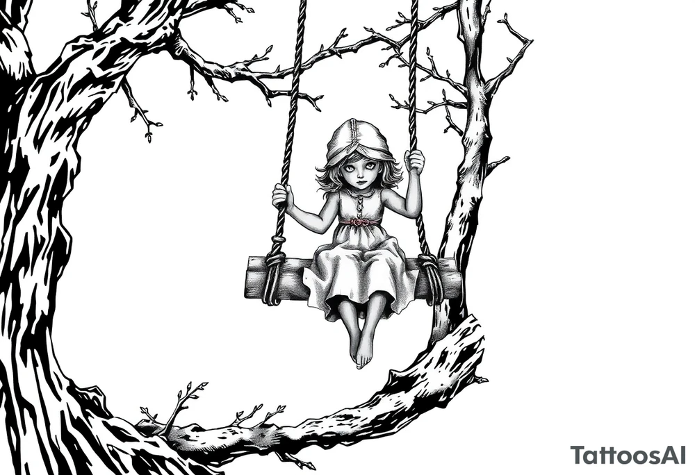 creepy little girl in the woods on a rope swing tattoo idea