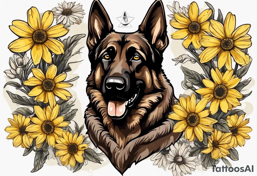 Dark Brown German shepherd portrait surrounded by yellow daisies tattoo idea