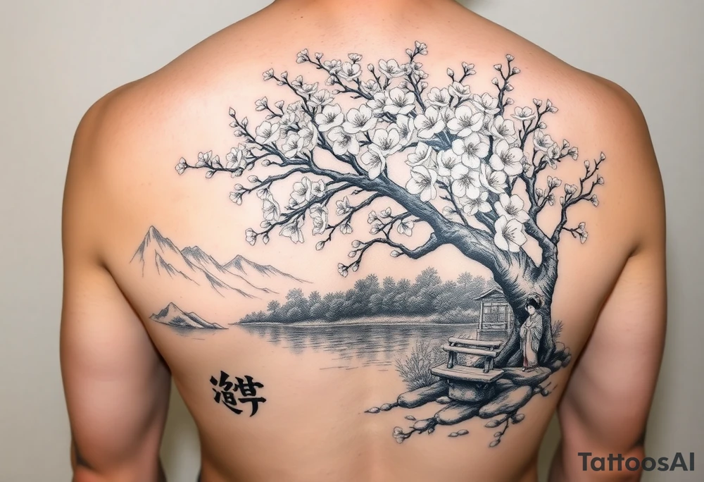 Large realistic cherry blossom tree in full bloom next to a river with mountains in the back ground and a geisha strolling next to a stone bench tattoo idea