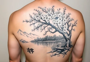 Large realistic cherry blossom tree in full bloom next to a river with mountains in the back ground and a geisha strolling next to a stone bench tattoo idea