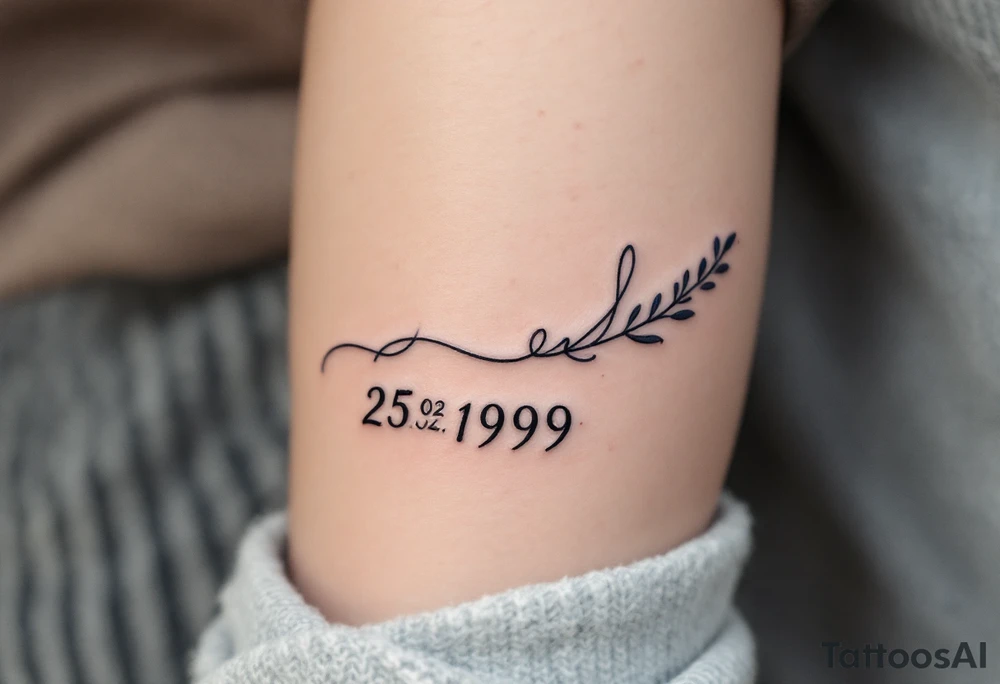 Cursive date 25. 02. 1999 flowing along the spine in cool gray with a hint of icy blue. tattoo idea