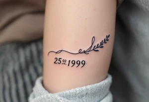 Cursive date 25. 02. 1999 flowing along the spine in cool gray with a hint of icy blue. tattoo idea
