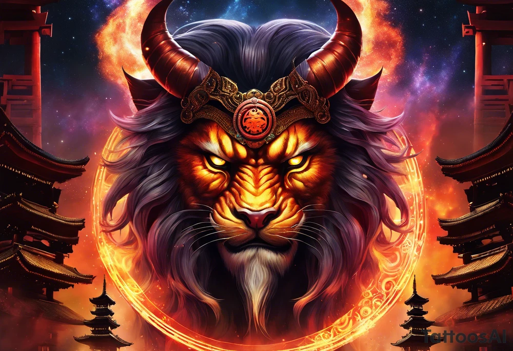 A majestic demon king with devilish features placed above torii gate is depicted in this realism image. The king's deep-set glowing galaxy-styled large eyes give off an aura of power and mystery. The king's head is acting as dreamcatcher and has braids styled like predator, with 2-3 ending with flame-styled feathers. The king's face is intricately dotted in narsimha/ rudra symbols. The head has a crown shaped blue and orangish flames with intricate and prominent koru maori symbols in the shape of trishul/ trident. The image is filled with vibrant colors, with deep blue, purple, and violet, with bright orange and yellow. This face bust (only face) is atop of a torii gate which is in a brush stroke style, somewhat visible. The king looks regal and powerful. tattoo idea