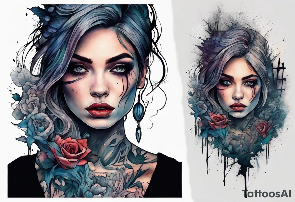 Woman with a tear running down her face walking out of a graveyard  leaving her old terrifying, scary, violent past behind her ethereal and mysterious tattoo idea